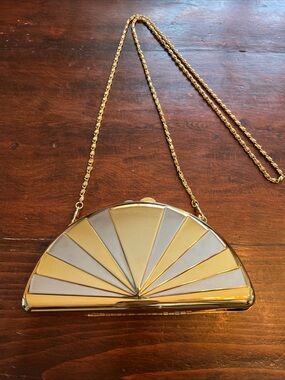 Metallic Art Deco Half Moon Gold & Silver Ladies Clutch Bag-Chain Strap Art Deco